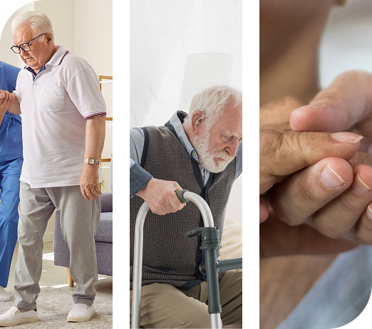 Elderly individuals receive assistance with walking, use a walker, and get comforting hand support.