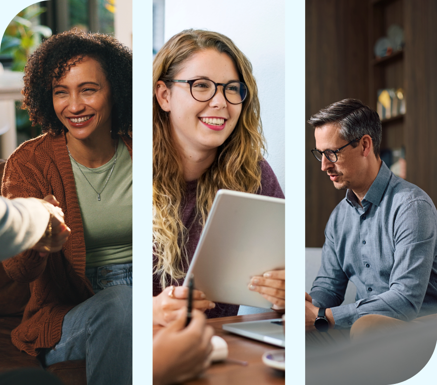 Three diverse people smiling and engaging in professional and personal interactions.