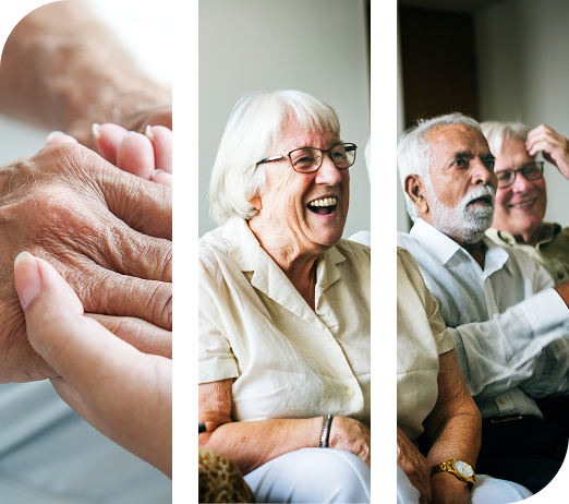 A triptych shows caring hands, a joyful senior woman laughing, and two elderly men
