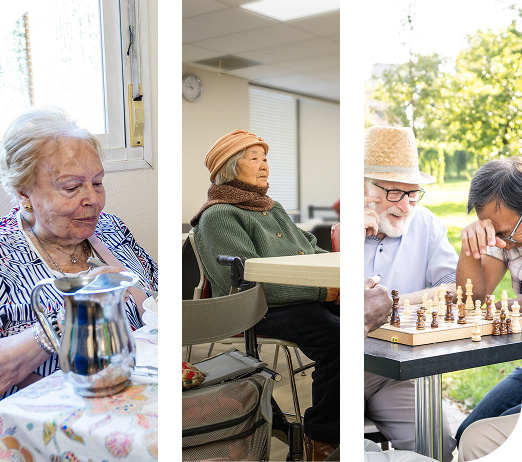 Three diverse seniors enjoy different activities: dining indoors, resting, and playing outdoor chess.