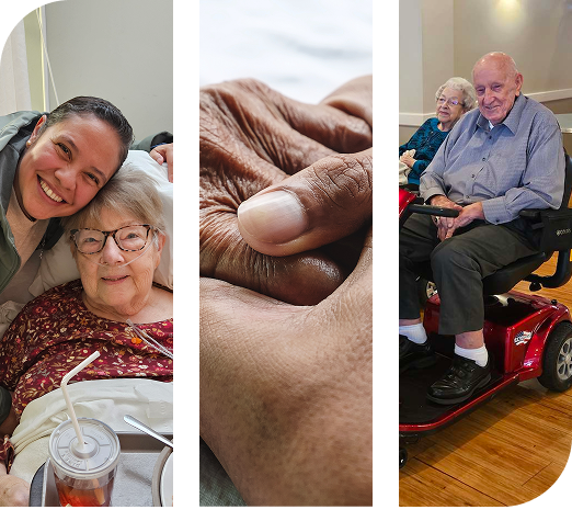 Scenes depicting compassionate senior care, supportive connections, and active elder living. TITLE: