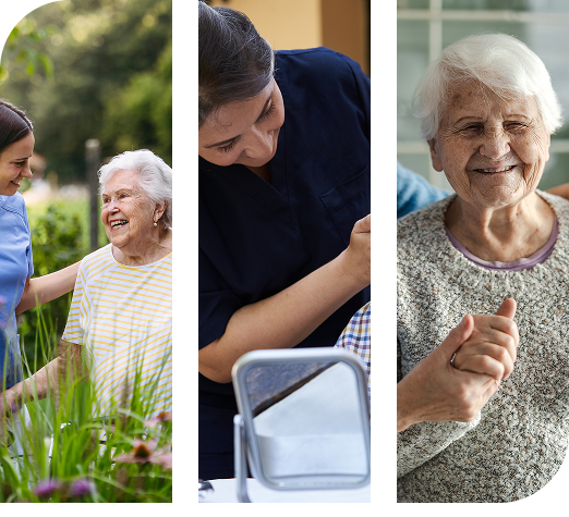 A collage of happy elderly people receiving compassionate care from professionals, both indoors and outdoors.