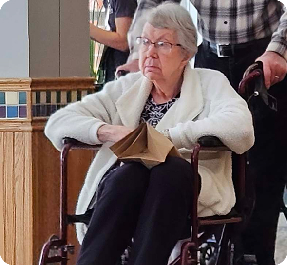 An elderly woman with glasses sits in a wheelchair, holding a brown bag and looking