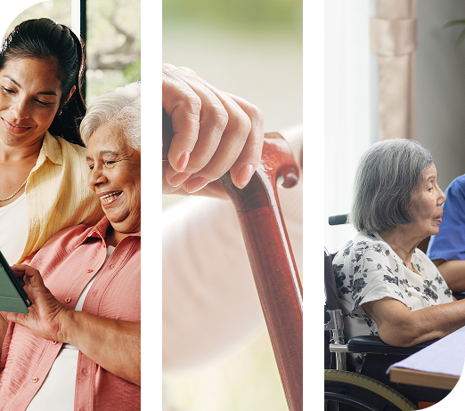 Three panels depict supportive senior care, showing a tablet interaction, a cane, and