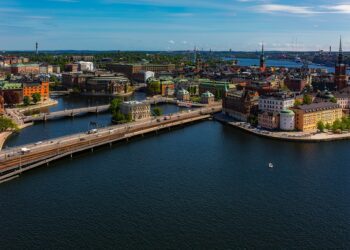 A view of the water and the city from above.