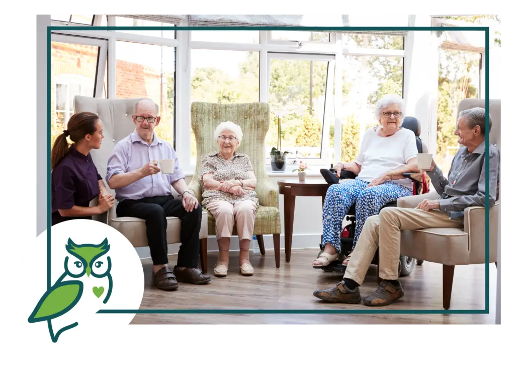 Seniors enjoying tea in a bright room.